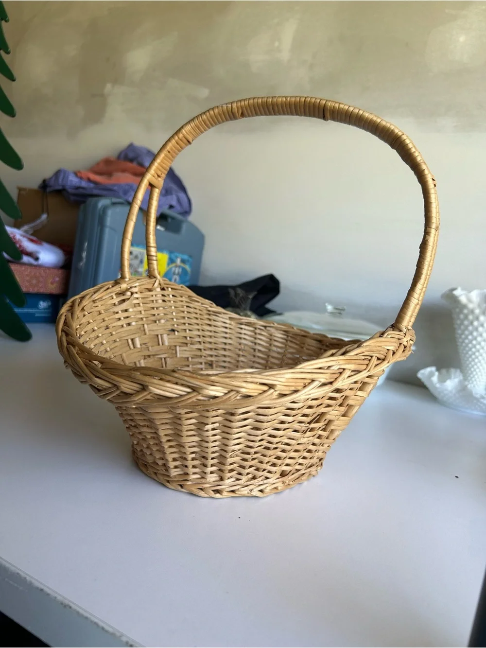 Vintage Woven Willow Basket with Handle - Natural Tan